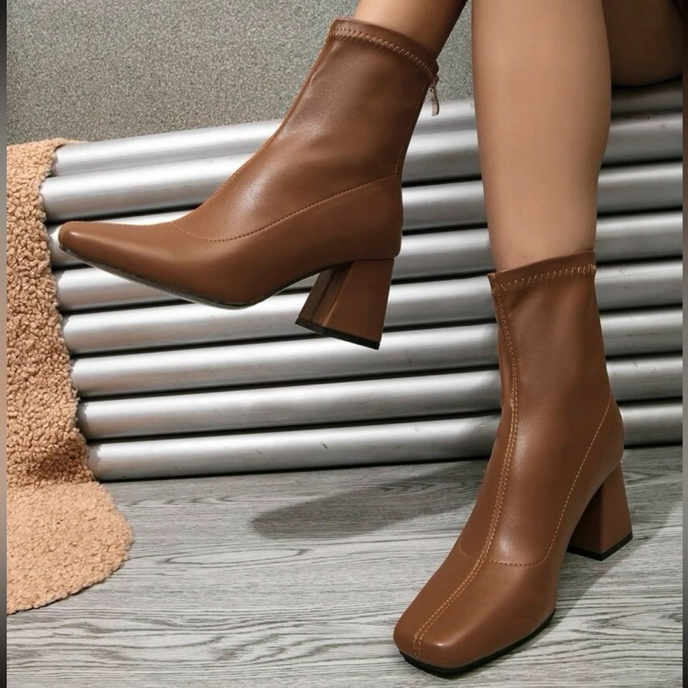 Brown square toe thick chunky block heel ankle boots - zip closure booties - Picture 2 of 5